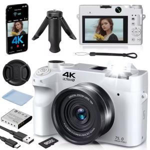 4K Digital Camera - 75MP Front & Rear with Autofocus & Anti-Shake, 3'' Selfie Vlogging Camera, Ultra Bright Flash, 18X Zoom
