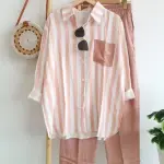 KCM-New Women's Stripe Fashion Pocket Set Casual Long Sleeve Pants Two Piece Set
