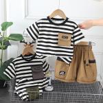 KCM-0-4-year-old boy summer set with handsome striped short sleeved cotton T-shirt and shorts two-piece set