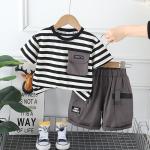 KCM-0-4-year-old boy summer set with handsome striped short sleeved cotton T-shirt and shorts two-piece set