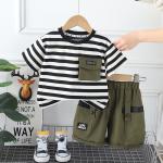 KCM-0-4-year-old boy summer set with handsome striped short sleeved cotton T-shirt and shorts two-piece set