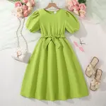 KCM-Summer New Style European and American Temperament 8-12Y Girl Tuck Waist Bubble Sleeves Grand Princess Dress