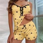 KCM-Women New Sexy V-neck Heart Printed Lace Pajamas Female Button Suspender Shorts Home Suit Set Sleepwear Pink Yellow Purple