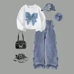 KCM-European and American Spring and Autumn Trends Girls' round neck bow long sleeved T-shirt denim jeans two-piece set
