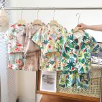 KCM-Boys Floral Printed Clothes Set Summer Sleeve Children's Shirt Top+Pants 2Pcs Kids Holiday Beach Outfit