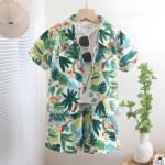KCM-Boys Floral Printed Clothes Set Summer Sleeve Children's Shirt Top+Pants 2Pcs Kids Holiday Beach Outfit
