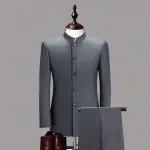 KCM-Men's Stand Collar Chinese Style Slim Fit Two Piece Suit Set / Male Zhong Shan Blazer Jacket Coat Pants Trousers 2 Pcs