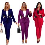 KCM-African women's clothing Large size Small suit Featured Leather belt trousers Two piece set OL Commuting