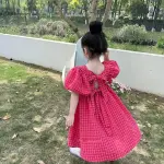 KCM-Bear Leader Rose Pink Plaid Bow Dress Elegant Lolita Child Big Girls Midi Dress Children Dresses Teens Party Princess Sundress