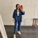 KCM-Euramerican new large size women's two-piece loose long-sleeved shirt nine-minute trousers casual sports suit